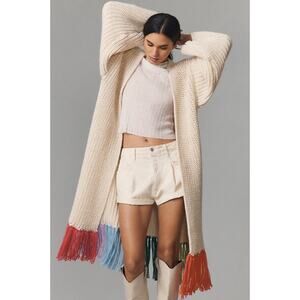 By Anthropologie Multicolor Fringe Duster Kimono Rainbow Chunky Cable Knit OS